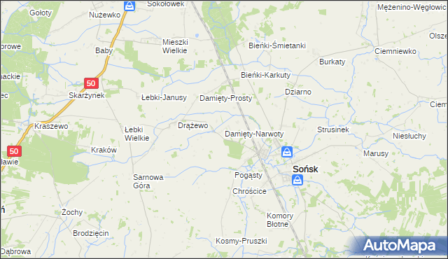 mapa Damięty-Narwoty, Damięty-Narwoty na mapie Targeo