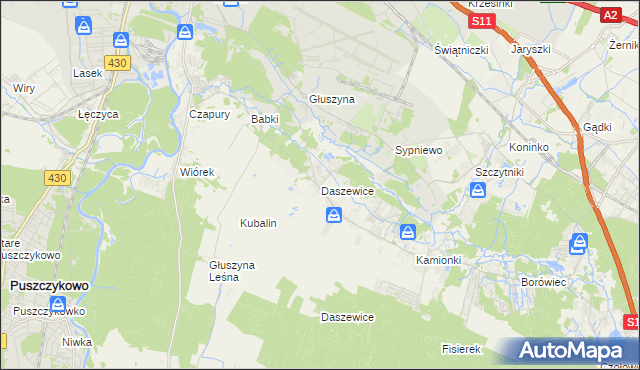 mapa Daszewice gmina Mosina, Daszewice gmina Mosina na mapie Targeo