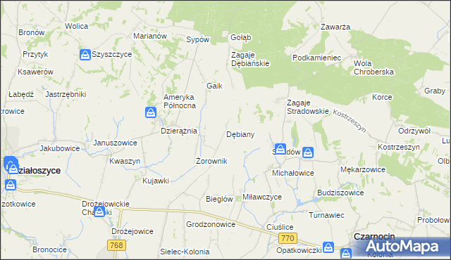 mapa Dębiany gmina Działoszyce, Dębiany gmina Działoszyce na mapie Targeo