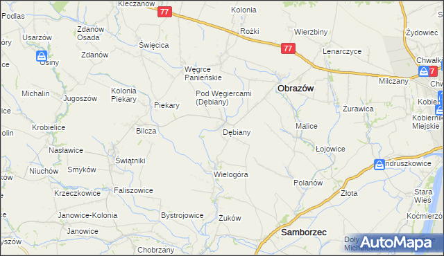 mapa Dębiany gmina Obrazów, Dębiany gmina Obrazów na mapie Targeo