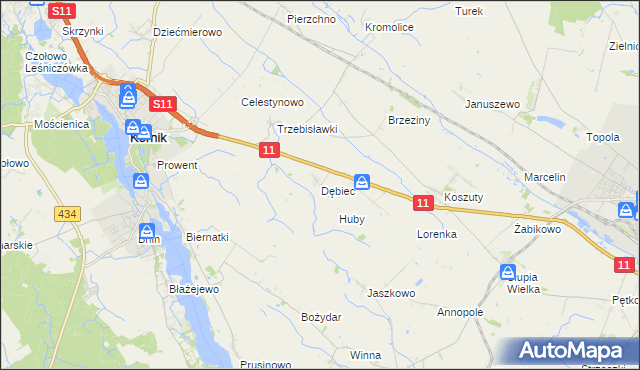 mapa Dębiec gmina Kórnik, Dębiec gmina Kórnik na mapie Targeo