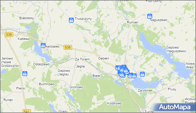 mapa Dębień gmina Rybno, Dębień gmina Rybno na mapie Targeo