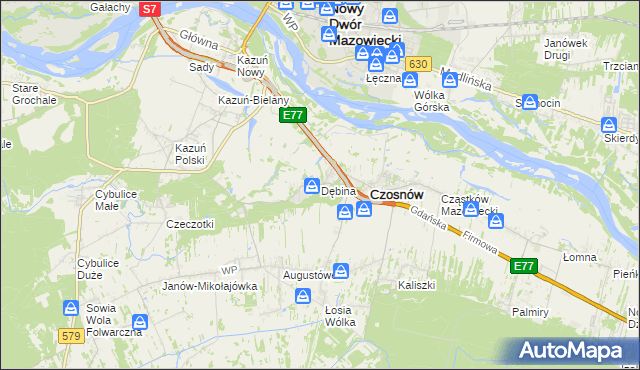 mapa Dębina gmina Czosnów, Dębina gmina Czosnów na mapie Targeo