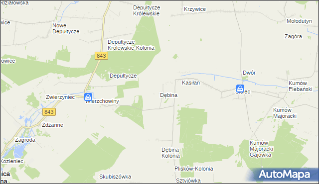 mapa Dębina gmina Leśniowice, Dębina gmina Leśniowice na mapie Targeo