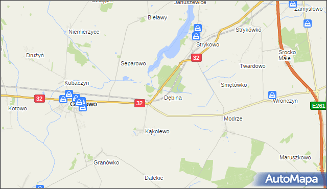 mapa Dębina gmina Stęszew, Dębina gmina Stęszew na mapie Targeo