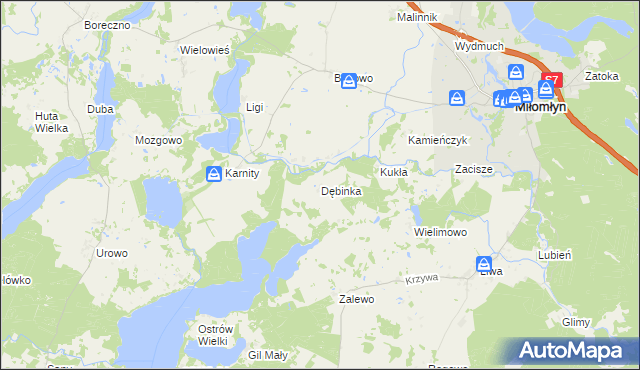 mapa Dębinka gmina Miłomłyn, Dębinka gmina Miłomłyn na mapie Targeo