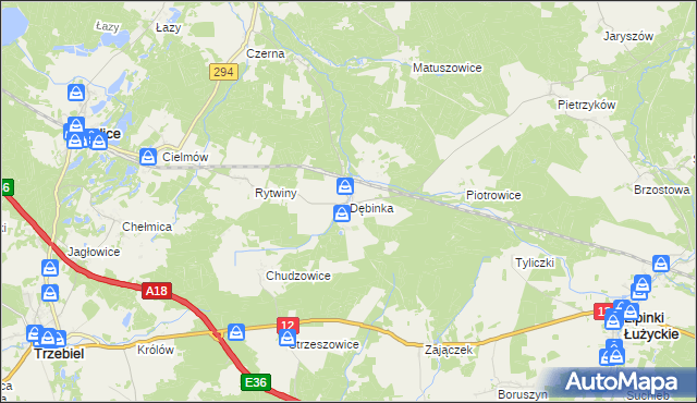 mapa Dębinka gmina Trzebiel, Dębinka gmina Trzebiel na mapie Targeo