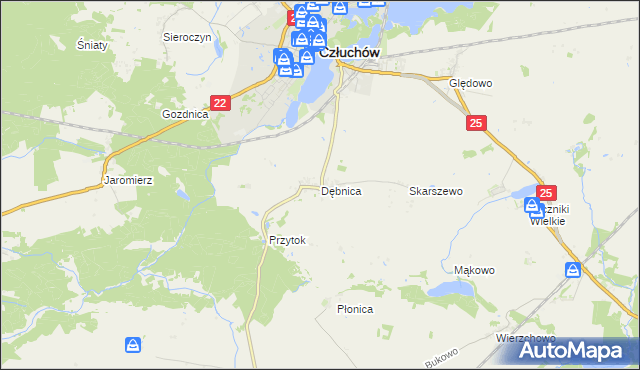 mapa Dębnica gmina Człuchów, Dębnica gmina Człuchów na mapie Targeo