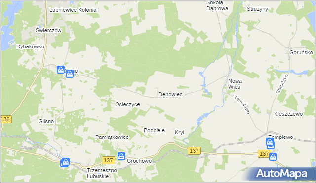 mapa Dębowiec gmina Bledzew, Dębowiec gmina Bledzew na mapie Targeo
