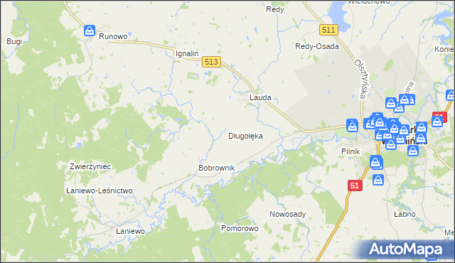 mapa Długołęka gmina Lidzbark Warmiński, Długołęka gmina Lidzbark Warmiński na mapie Targeo