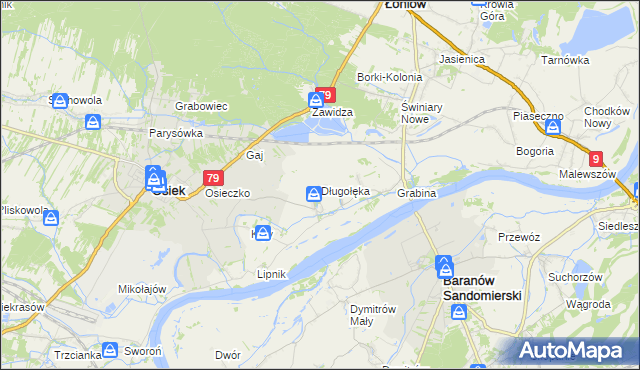 mapa Długołęka gmina Osiek, Długołęka gmina Osiek na mapie Targeo