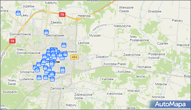 mapa Dobiecin gmina Bełchatów, Dobiecin gmina Bełchatów na mapie Targeo