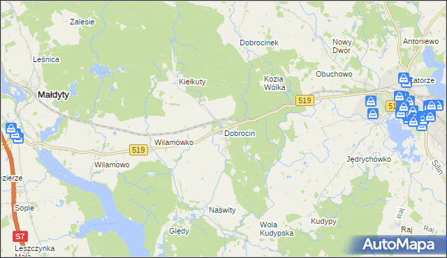 mapa Dobrocin gmina Małdyty, Dobrocin gmina Małdyty na mapie Targeo