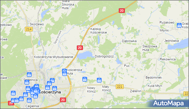 mapa Dobrogoszcz gmina Kościerzyna, Dobrogoszcz gmina Kościerzyna na mapie Targeo