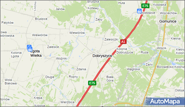 mapa Dobryszyce, Dobryszyce na mapie Targeo