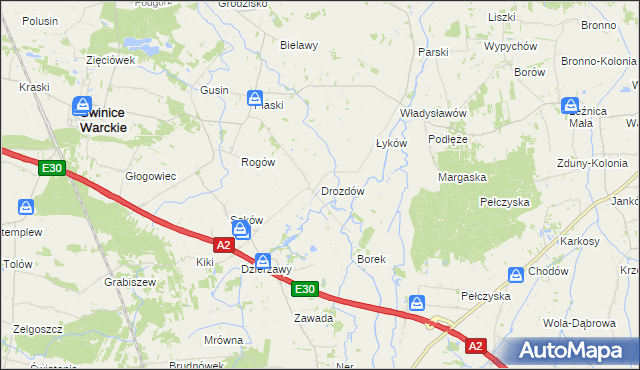 mapa Drozdów gmina Świnice Warckie, Drozdów gmina Świnice Warckie na mapie Targeo