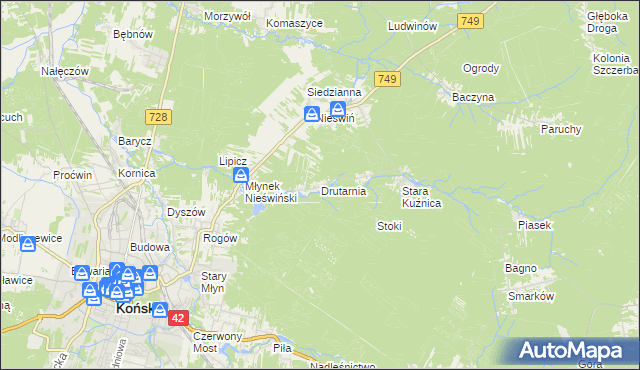 mapa Drutarnia gmina Końskie, Drutarnia gmina Końskie na mapie Targeo