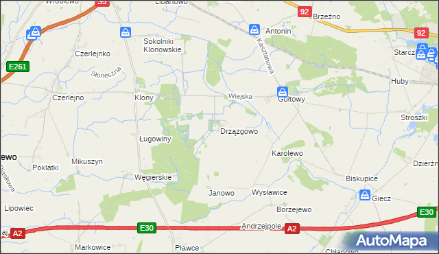 mapa Drzązgowo gmina Kostrzyn, Drzązgowo gmina Kostrzyn na mapie Targeo