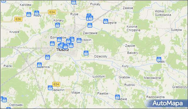 mapa Dzięcioły gmina Tłuszcz, Dzięcioły gmina Tłuszcz na mapie Targeo