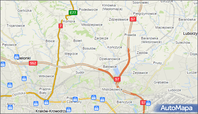 mapa Dziekanowice gmina Zielonki, Dziekanowice gmina Zielonki na mapie Targeo