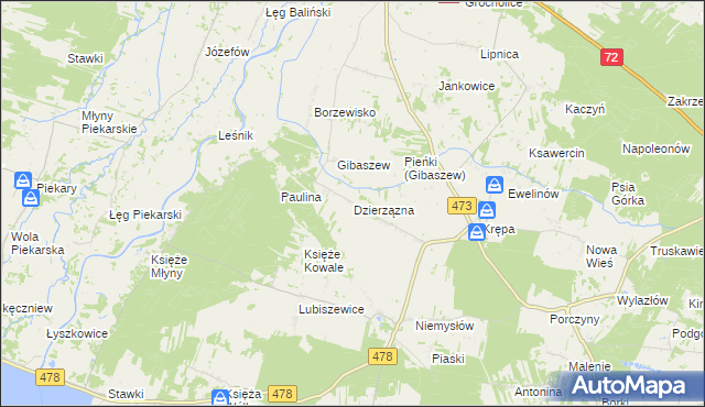 mapa Dzierzązna gmina Poddębice, Dzierzązna gmina Poddębice na mapie Targeo
