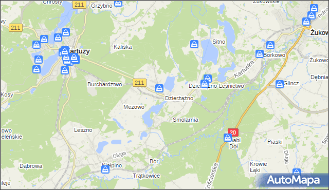 mapa Dzierżążno gmina Kartuzy, Dzierżążno gmina Kartuzy na mapie Targeo