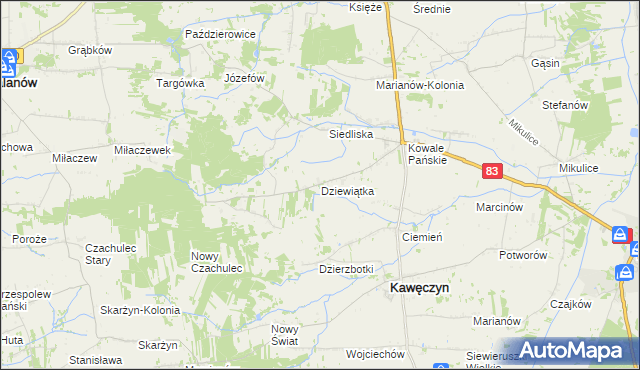 mapa Dziewiątka gmina Kawęczyn, Dziewiątka gmina Kawęczyn na mapie Targeo