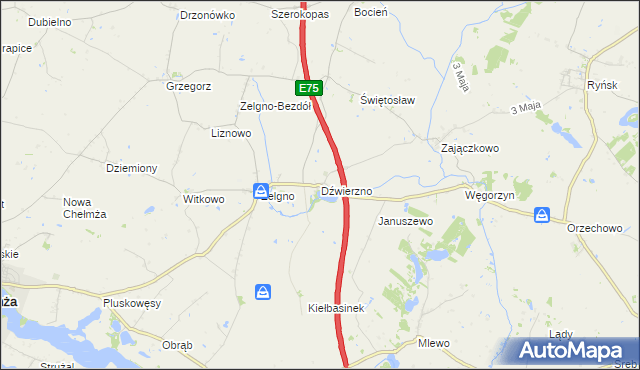 mapa Dźwierzno gmina Chełmża, Dźwierzno gmina Chełmża na mapie Targeo
