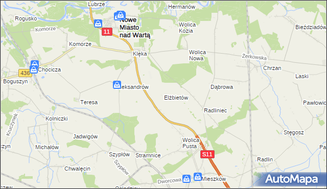 mapa Elżbietów gmina Nowe Miasto nad Wartą, Elżbietów gmina Nowe Miasto nad Wartą na mapie Targeo