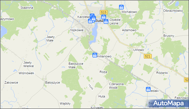 mapa Emilianowo gmina Susz, Emilianowo gmina Susz na mapie Targeo