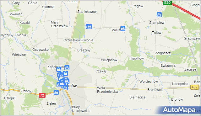 mapa Felicjanów gmina Uniejów, Felicjanów gmina Uniejów na mapie Targeo