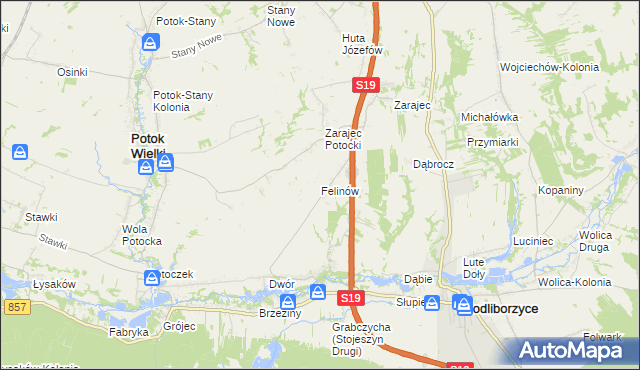 mapa Felinów gmina Modliborzyce, Felinów gmina Modliborzyce na mapie Targeo