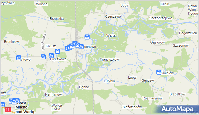 mapa Franciszków gmina Nowe Miasto nad Wartą, Franciszków gmina Nowe Miasto nad Wartą na mapie Targeo