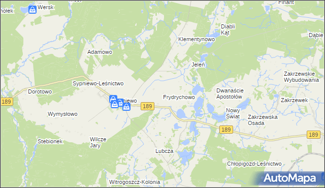 mapa Frydrychowo gmina Więcbork, Frydrychowo gmina Więcbork na mapie Targeo