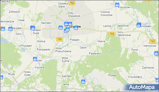 mapa Gacki gmina Szydłów, Gacki gmina Szydłów na mapie Targeo