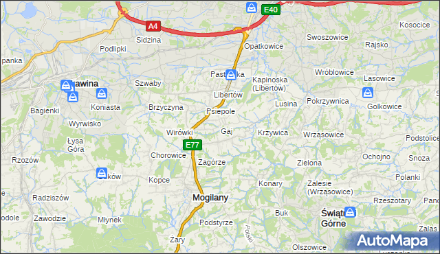 mapa Gaj gmina Mogilany, Gaj gmina Mogilany na mapie Targeo