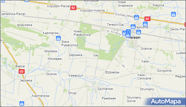 mapa Gaj gmina Teresin, Gaj gmina Teresin na mapie Targeo