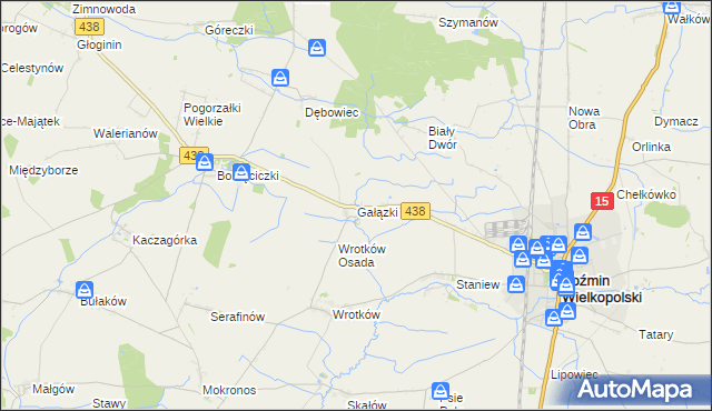 mapa Gałązki gmina Koźmin Wielkopolski, Gałązki gmina Koźmin Wielkopolski na mapie Targeo