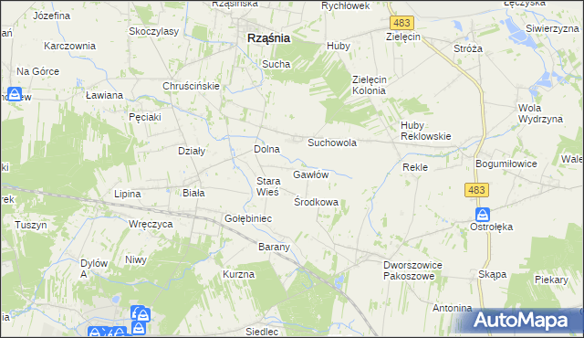 mapa Gawłów gmina Rząśnia, Gawłów gmina Rząśnia na mapie Targeo