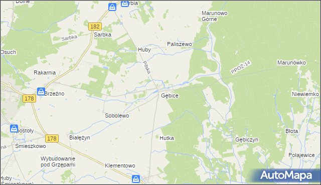 mapa Gębice gmina Czarnków, Gębice gmina Czarnków na mapie Targeo