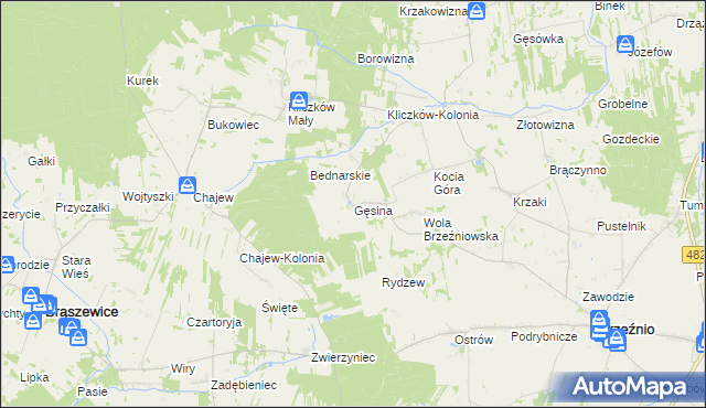 mapa Gęsina gmina Brzeźnio, Gęsina gmina Brzeźnio na mapie Targeo