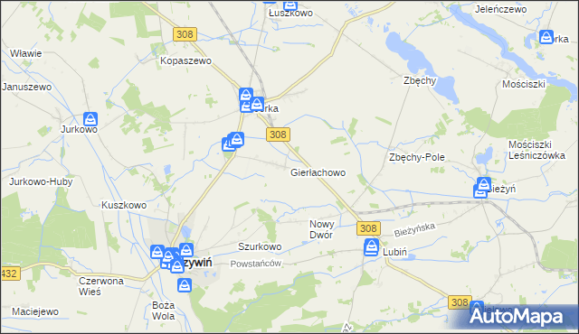 mapa Gierłachowo gmina Krzywiń, Gierłachowo gmina Krzywiń na mapie Targeo