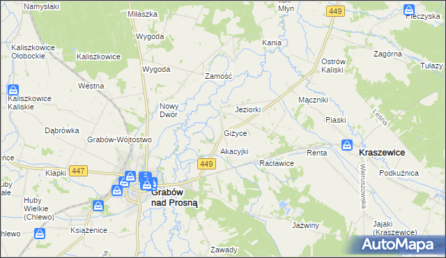 mapa Giżyce gmina Grabów nad Prosną, Giżyce gmina Grabów nad Prosną na mapie Targeo