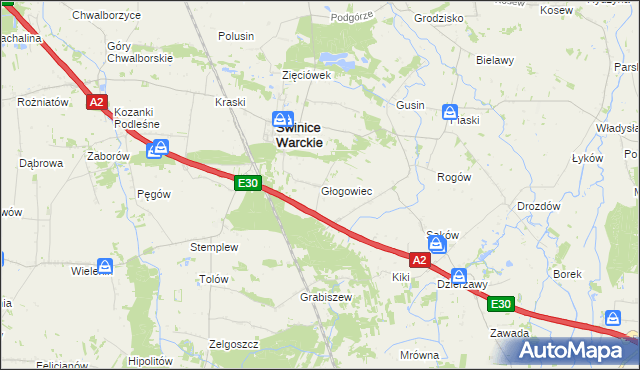 mapa Głogowiec gmina Świnice Warckie, Głogowiec gmina Świnice Warckie na mapie Targeo