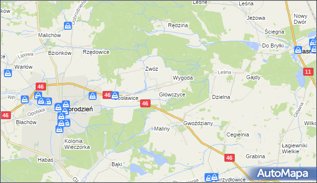 mapa Główczyce gmina Dobrodzień, Główczyce gmina Dobrodzień na mapie Targeo