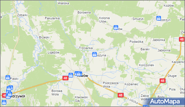 mapa Głuszyna gmina Klwów, Głuszyna gmina Klwów na mapie Targeo