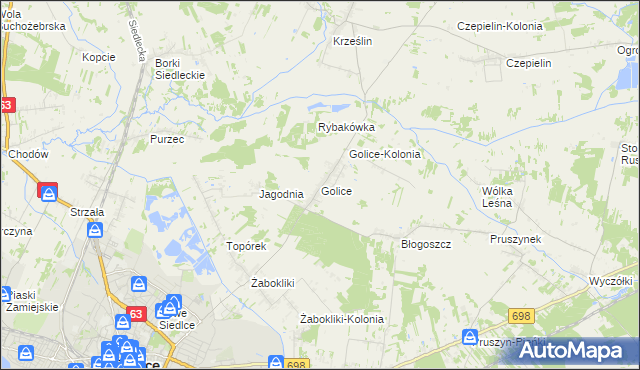 mapa Golice gmina Siedlce, Golice gmina Siedlce na mapie Targeo