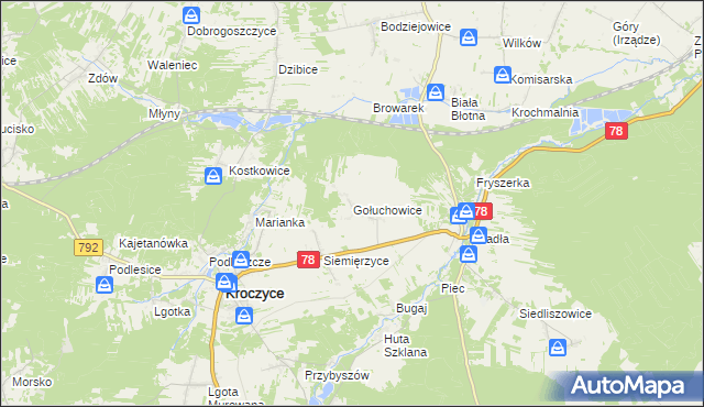 mapa Gołuchowice gmina Kroczyce, Gołuchowice gmina Kroczyce na mapie Targeo