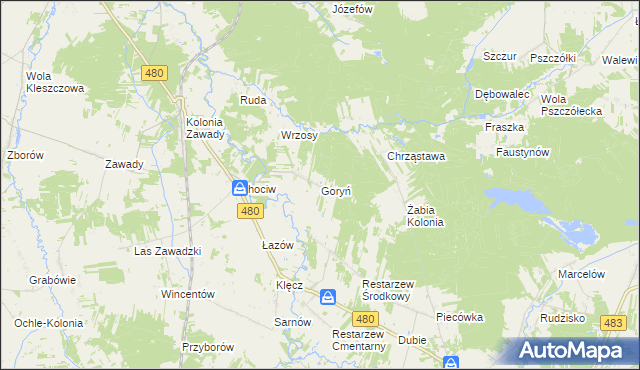 mapa Goryń gmina Widawa, Goryń gmina Widawa na mapie Targeo