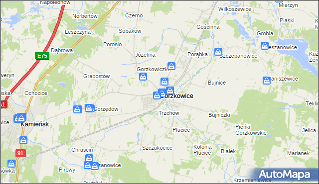 mapa Gorzkowice, Gorzkowice na mapie Targeo